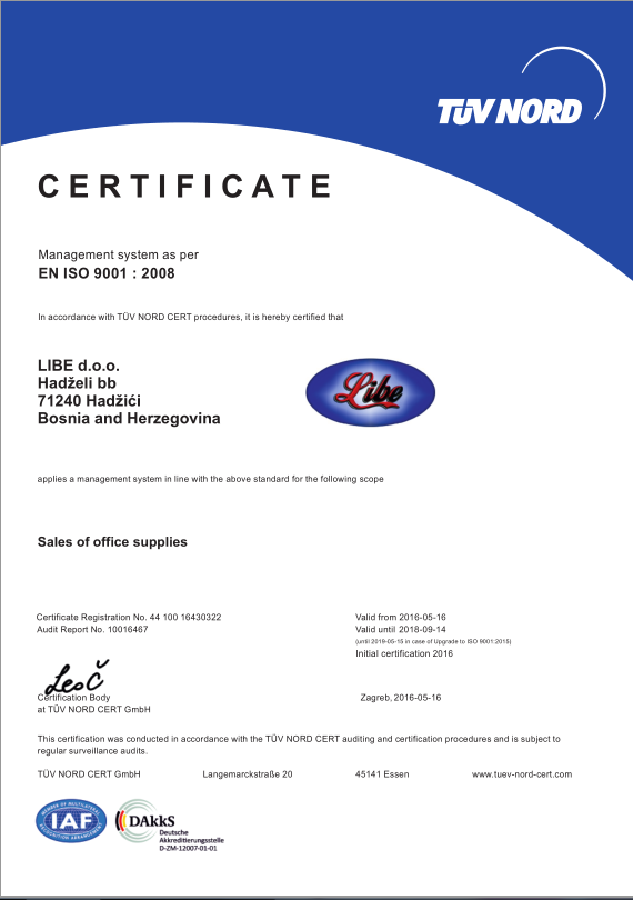 ISO cert za kancelarijski materijal sarajevo
